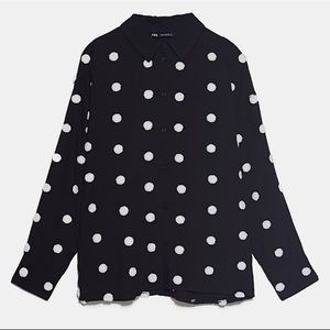 USED ZARA polka dot button down, full sleeved shirt with embroidery